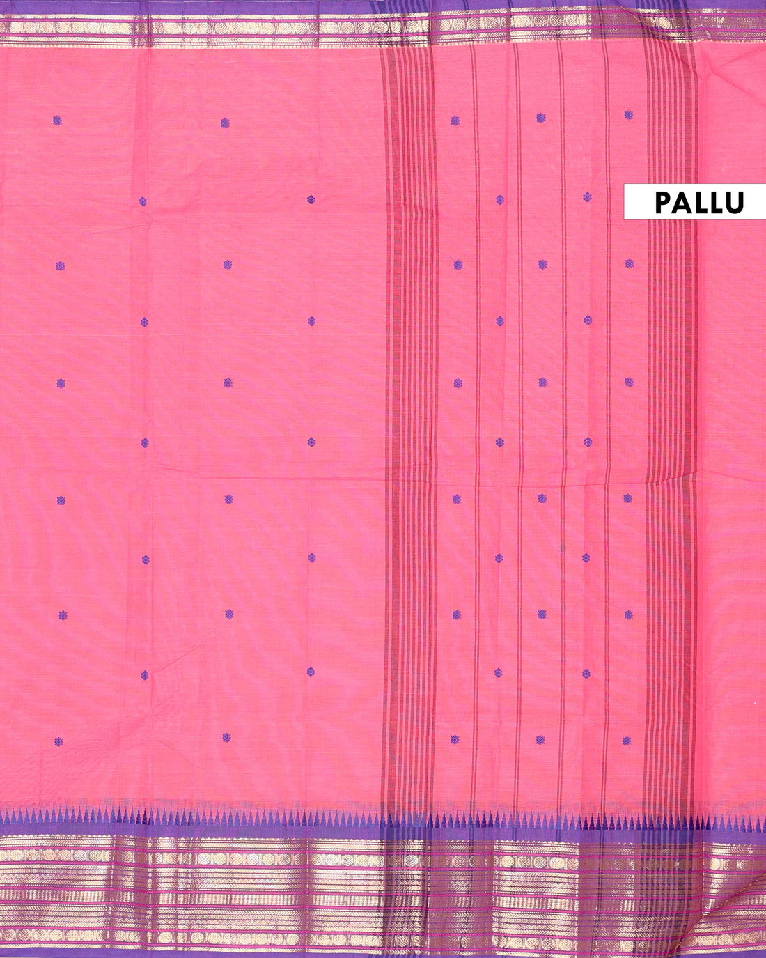 Traditional Handloom Chettinad Cotton Saree with Subtle Body Motifs and Contrast Zari Temple Border - Pink