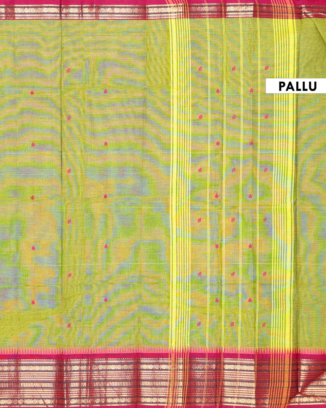 Elegant Handloom Chettinad Cotton Saree with Subtle Body Motifs and Contrast Zari Temple Border - Green