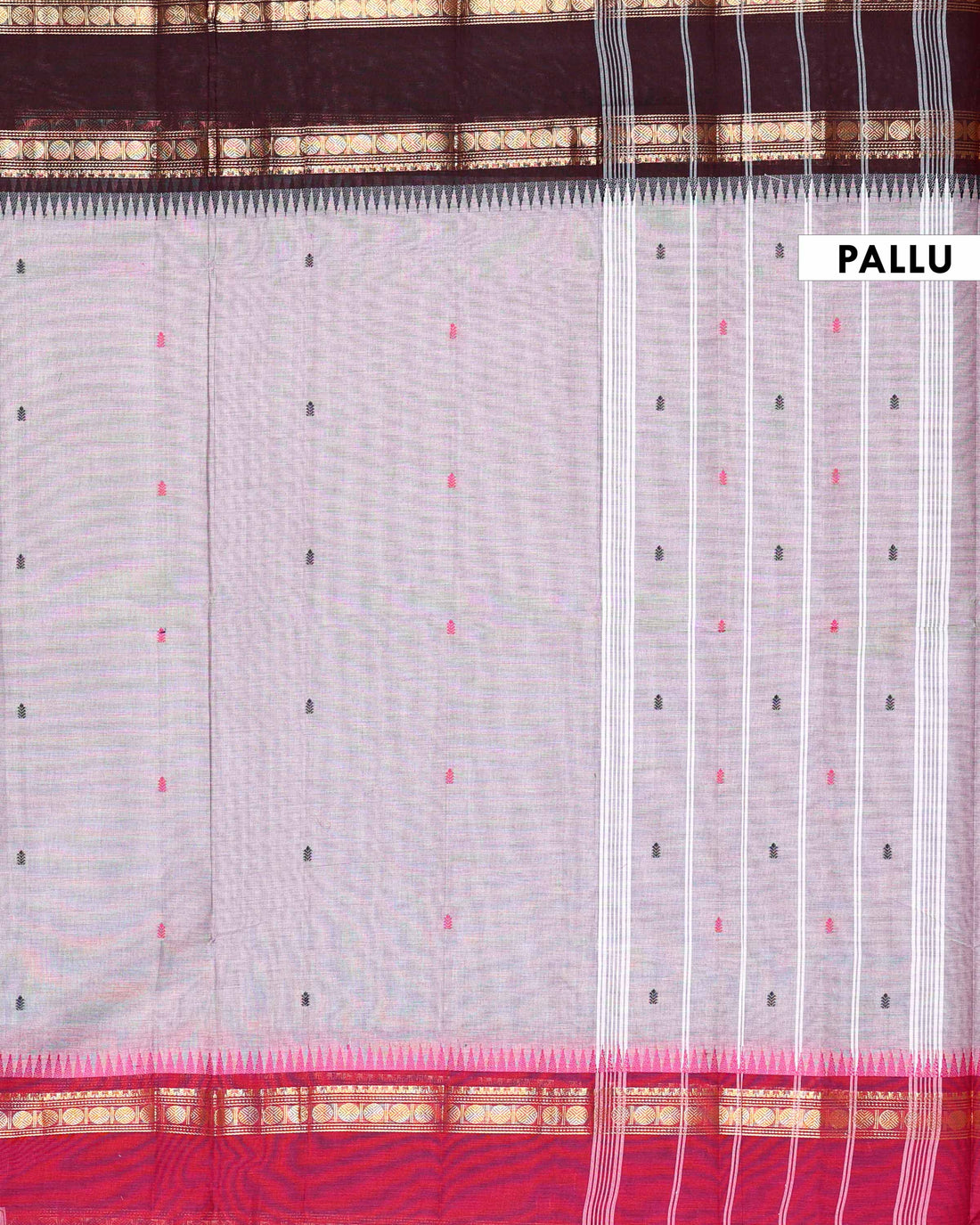 Elegant Handloom Chettinad Cotton Saree with Subtle Body Motifs and Contrast Zari Temple Border - Grey