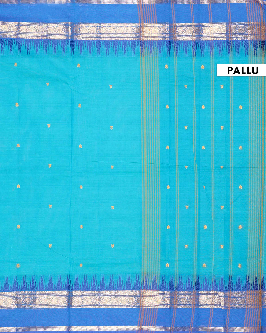 Traditional Handloom Chettinad Cotton Saree with Traditional Temple Border and Zari Work - Blue