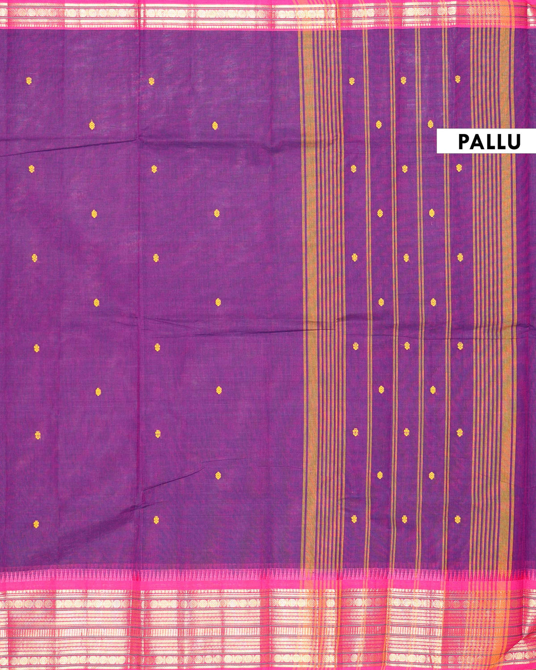 Elegant Handloom Chettinad Cotton Saree with Subtle Body Motifs and Contrast Zari Temple Border - Purple