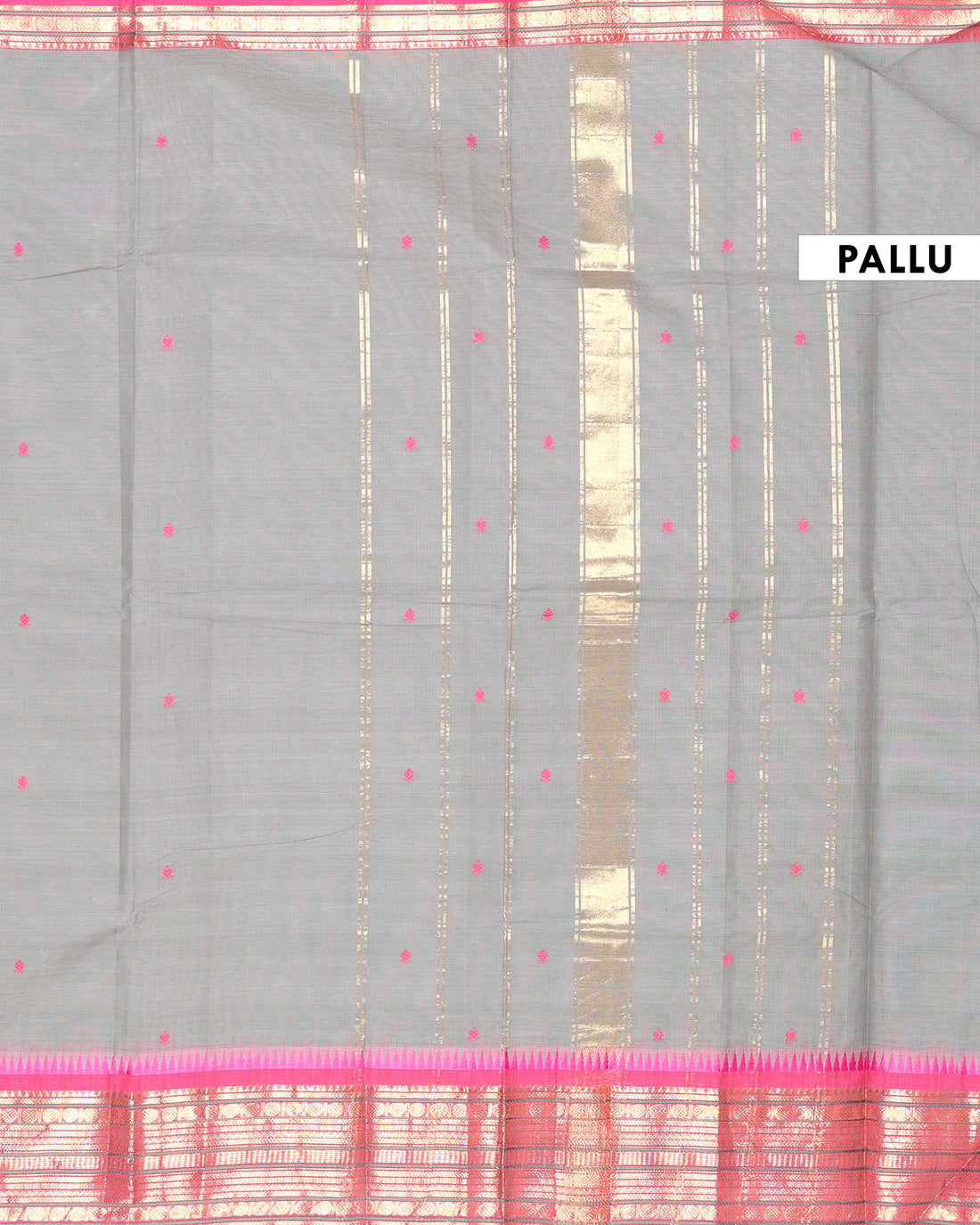 Elegant Handloom Chettinad Cotton Saree with Subtle Body Motifs and Contrast Zari Temple Border - Grey