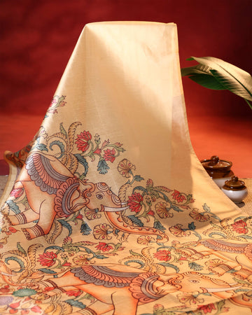 Traditional Raw Silk Saree with Kalamkari Elephant & Floral Motifs and Heritage Pallu Design - Sandal