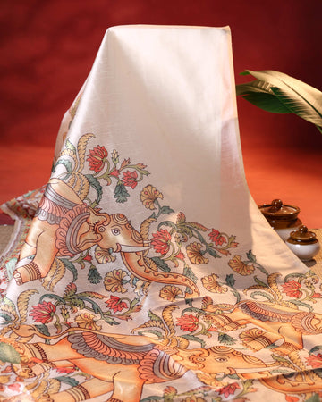 Traditional Raw Silk Saree with Kalamkari Inspired Elephant & Floral Motifs and Heritage Pallu Design - Cream