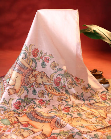 Traditional Raw Silk Saree with Kalamkari Inspired Elephant & Floral Motifs and Heritage Pallu Design - Light Pink