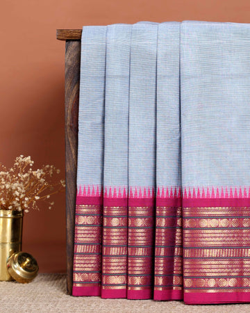Traditional Handloom Chettinad Cotton Saree with Zari Woven Temple Border and Classic Contrast Pallu Design - Grey