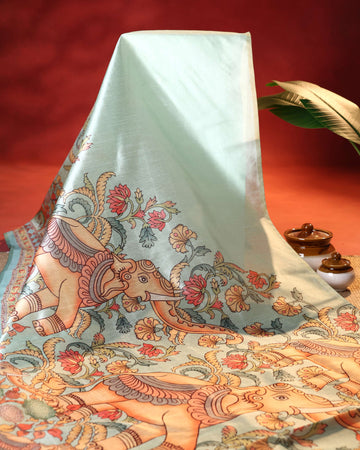 Traditional Raw Silk Saree with Kalamkari Inspired Elephant & Floral Motifs and Heritage Pallu Design - Pista Green