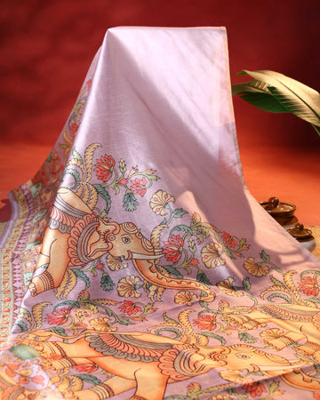 Traditional Raw Silk Saree with Kalamkari Inspired Elephant & Floral Motifs and Heritage Pallu Design - Light Lavender