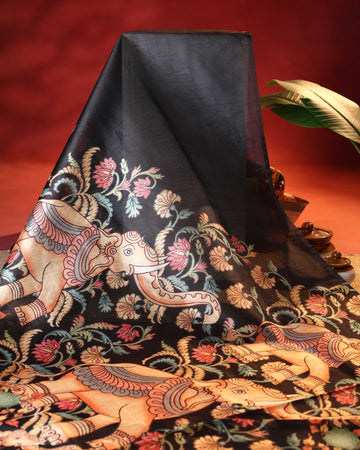 Traditional Raw Silk Saree with Kalamkari Inspired Elephant & Floral Motifs and Heritage Pallu Design - Black