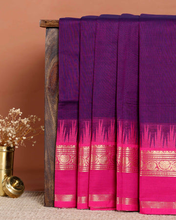 Traditional Handloom Chettinad Cotton Saree with Woven Temple Border and Intricate Contrast Pallu Design - Purple