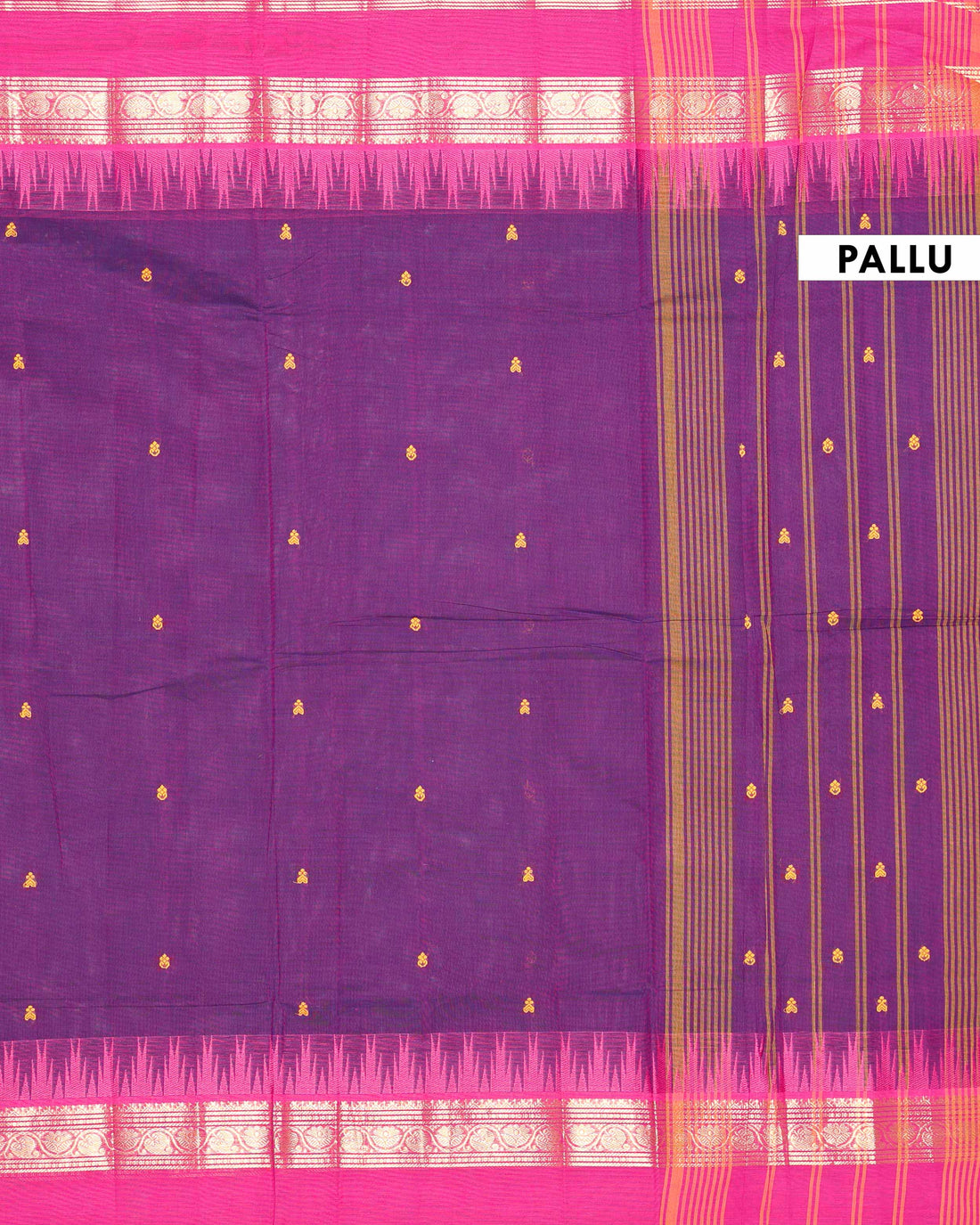 Traditional Handloom Chettinad Cotton Saree with Woven Temple Border and Intricate Contrast Pallu Design - Purple