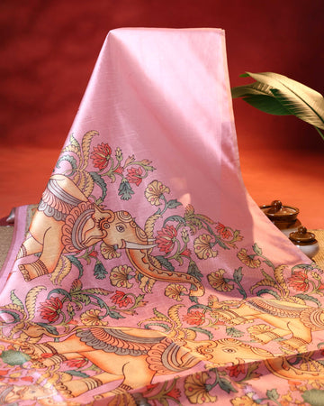 Traditional Raw Silk Saree with Kalamkari Inspired Elephant & Floral Motifs and Heritage Pallu Design - Pink
