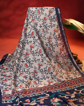 Elegant Semi Chanderi Saree with Floral Motifs Intricate Contrast Border and Traditional Pallu - Cream