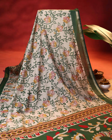 Elegant Semi Chanderi Saree with Floral Motifs Intricate Contrast Border and Traditional Pallu - Cream