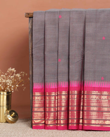 Traditional Handloom Chettinad Cotton Saree with Zari Woven Temple Border and Classic Contrast Pallu Design - Dark Grey