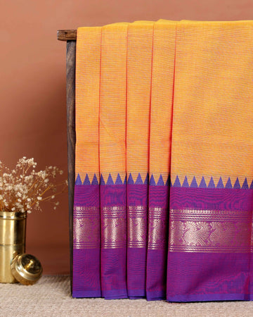 Traditional Handloom Chettinad Cotton Saree with Zari Woven Temple Border and Elegant Contrast Pallu Design - Orange