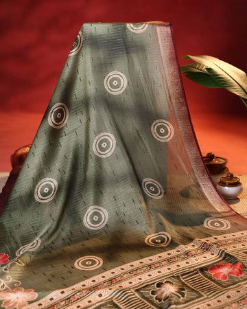 Elegant Dola Saree with Circular Butti Motifs and Traditional Woven Border with Floral Pallu - Green