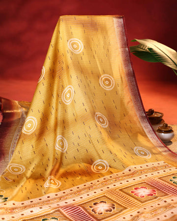 Elegant Dola Saree with Circular Butti Motifs and Traditional Woven Border with Floral Pallu - Yellow