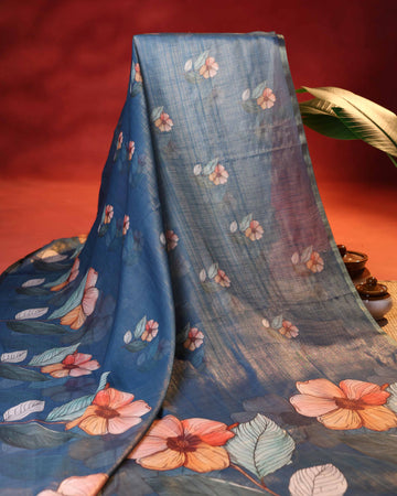 Elegant Dola Saree with Floral Motifs and Intricately Designed Floral Pallu - Blue