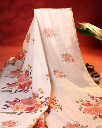 Elegant Linen Tissue Saree with Delicate Floral Motifs and Floral Printed Pallu - Cream