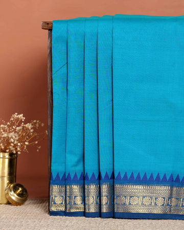 Traditional Handloom Chettinad Cotton Saree with Intricate Zari Woven Border and Classic Geometric Pallu Design - Turquoise Blue