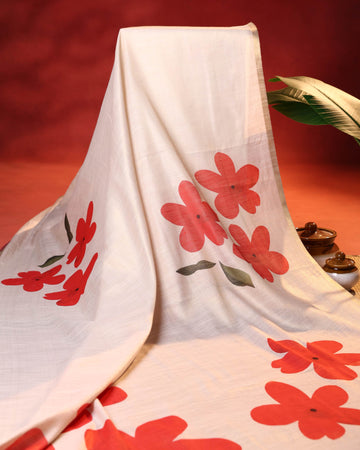 Elegant Linen Tissue Saree with Floral Printed Motifs and Minimal Zari Border - Cream