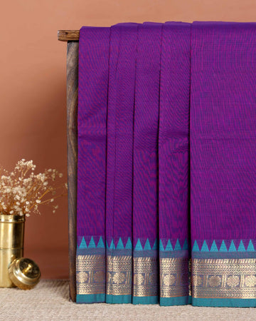 Traditional Handloom Chettinad Cotton Saree with Intricate Zari Woven Border and Classic Geometric Pallu Design - Purple