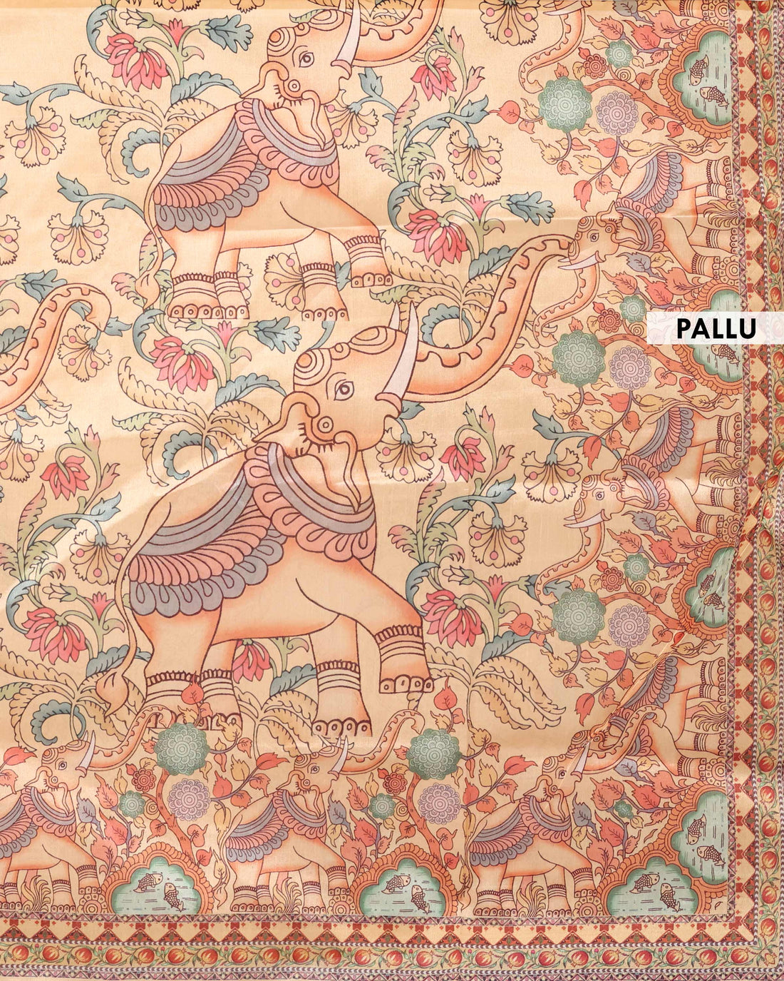Traditional Raw Silk Saree with Kalamkari Elephant & Floral Motifs and Heritage Pallu Design - Sandal