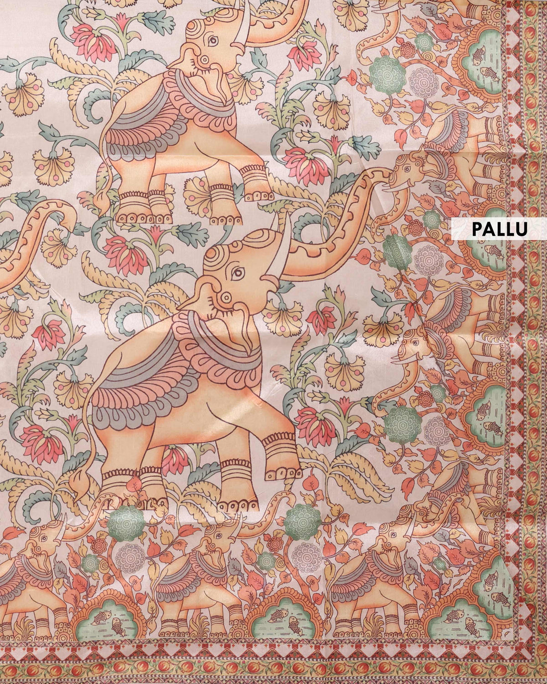 Traditional Raw Silk Saree with Kalamkari Inspired Elephant & Floral Motifs and Heritage Pallu Design - Cream