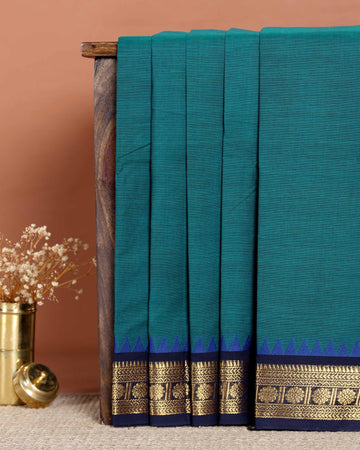 Traditional Handloom Chettinad Cotton Saree with Intricate Zari Woven Border and Classic Geometric Pallu Design - Teal