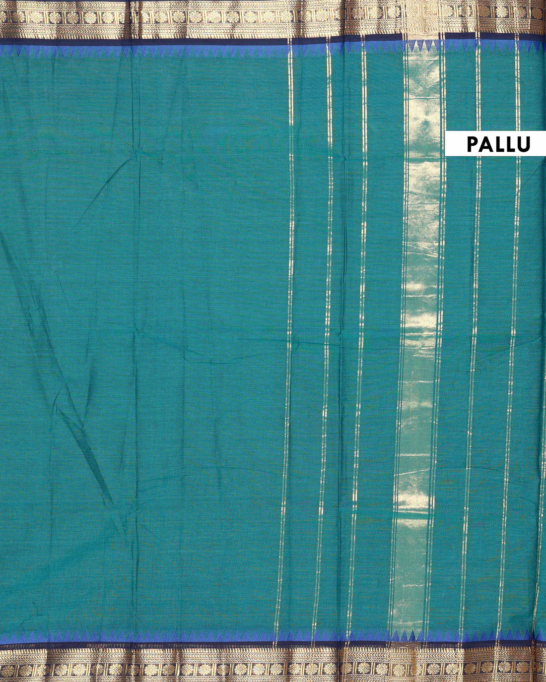 Traditional Handloom Chettinad Cotton Saree with Intricate Zari Woven Border and Classic Geometric Pallu Design - Teal