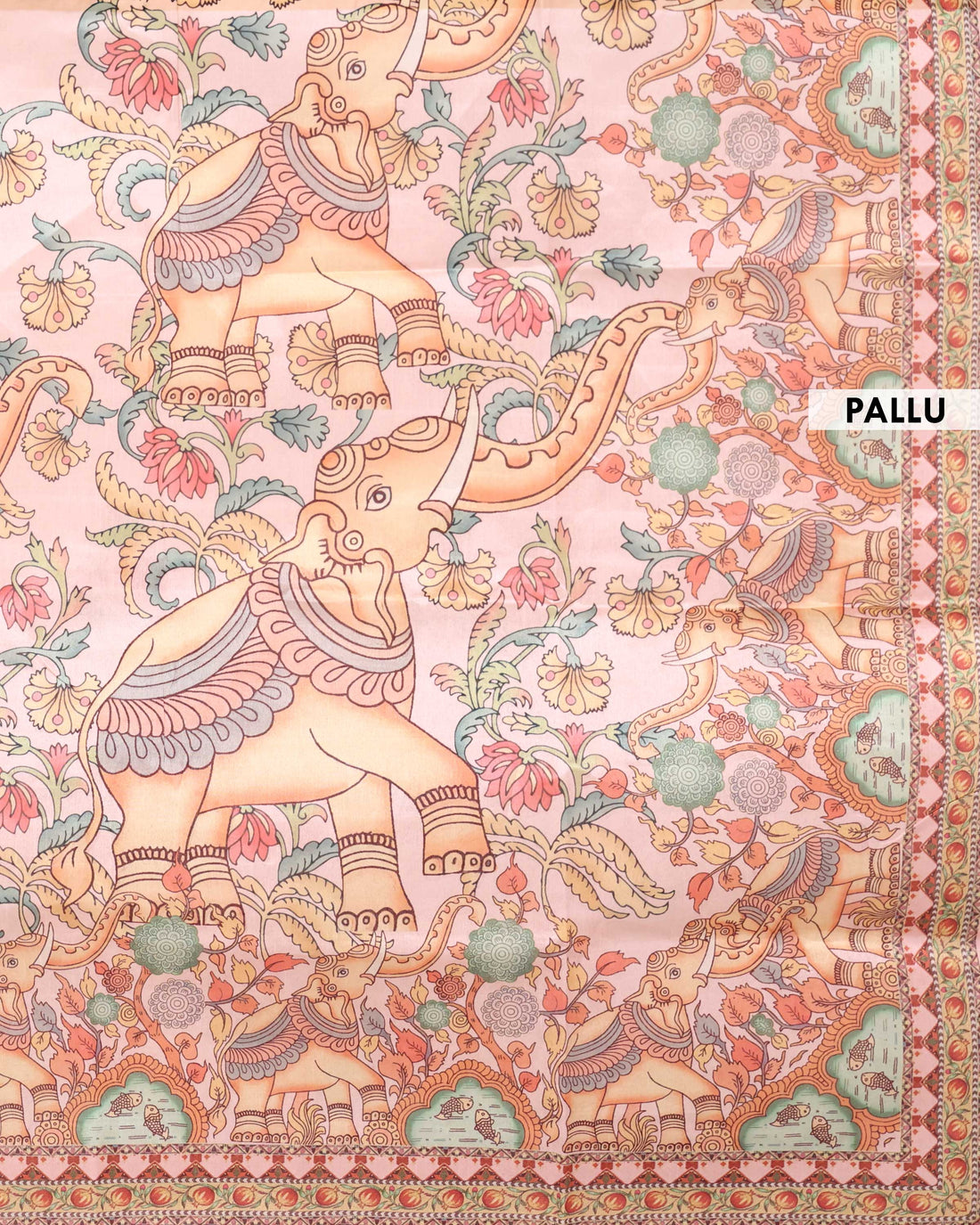 Traditional Raw Silk Saree with Kalamkari Inspired Elephant & Floral Motifs and Heritage Pallu Design - Light Pink