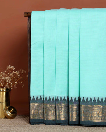 Traditional Handloom Chettinad Cotton Saree with Intricate Zari Woven Border and Classic Geometric Pallu Design - Aqua Blue