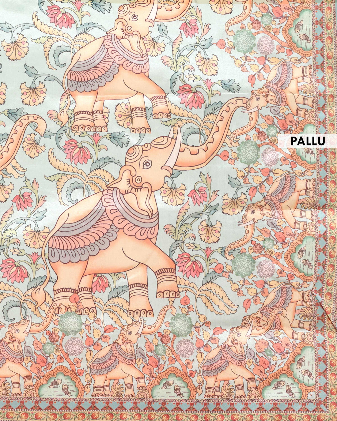 Traditional Raw Silk Saree with Kalamkari Inspired Elephant & Floral Motifs and Heritage Pallu Design - Pista Green