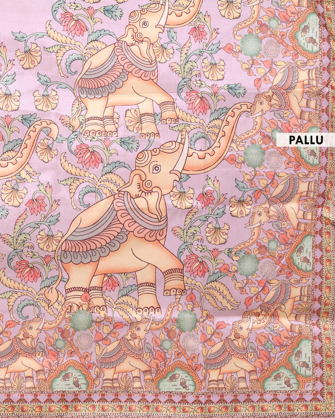 Traditional Raw Silk Saree with Kalamkari Inspired Elephant & Floral Motifs and Heritage Pallu Design - Light Lavender
