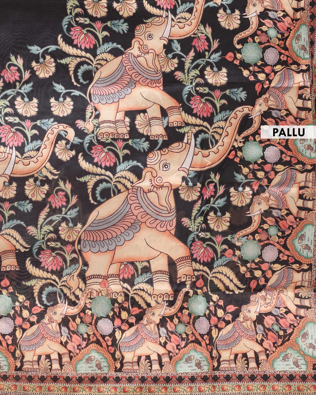 Traditional Raw Silk Saree with Kalamkari Inspired Elephant & Floral Motifs and Heritage Pallu Design - Black