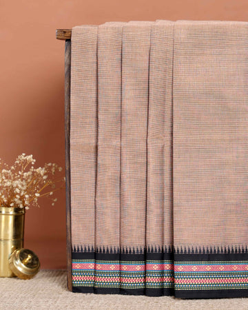 Elegant Handloom Chettinad Cotton Saree with Traditional Temple and Motif Border - Light Brown