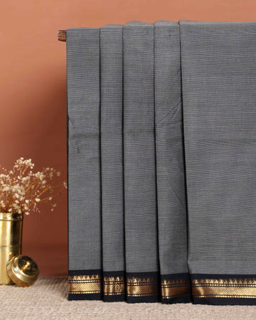 Traditional Handloom Chettinad Cotton Saree with Contrast Zari Border - Dark Grey