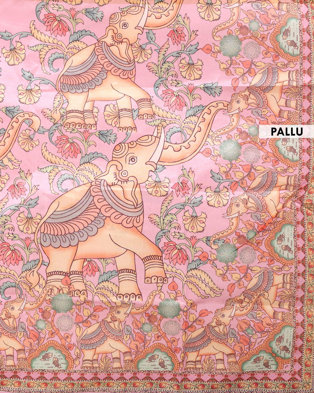 Traditional Raw Silk Saree with Kalamkari Inspired Elephant & Floral Motifs and Heritage Pallu Design - Pink