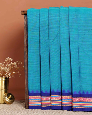 Elegant Handloom Chettinad Cotton Saree with Traditional Temple and Motif Border - Blue
