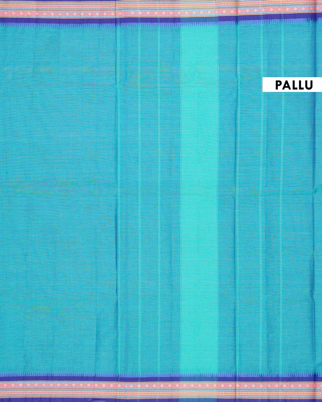 Elegant Handloom Chettinad Cotton Saree with Traditional Temple and Motif Border - Blue