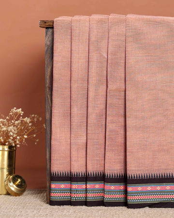 Elegant Handloom Chettinad Cotton Saree with Traditional Temple and Motif Border - Light Peach