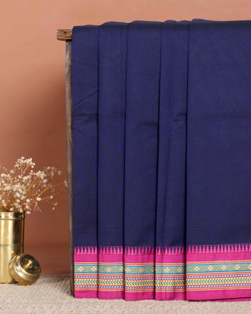 Elegant Handloom Chettinad Cotton Saree with Traditional Temple and Motif Border - Navy Blue