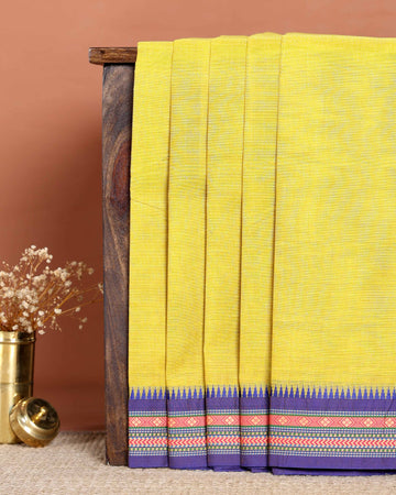 Elegant Handloom Chettinad Cotton Saree with Traditional Temple and Motif Border - Yellow