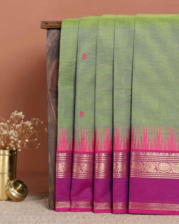 Traditional Handloom Chettinad Cotton Saree with Woven Temple Border and Intricate Contrast Pallu Design - Green
