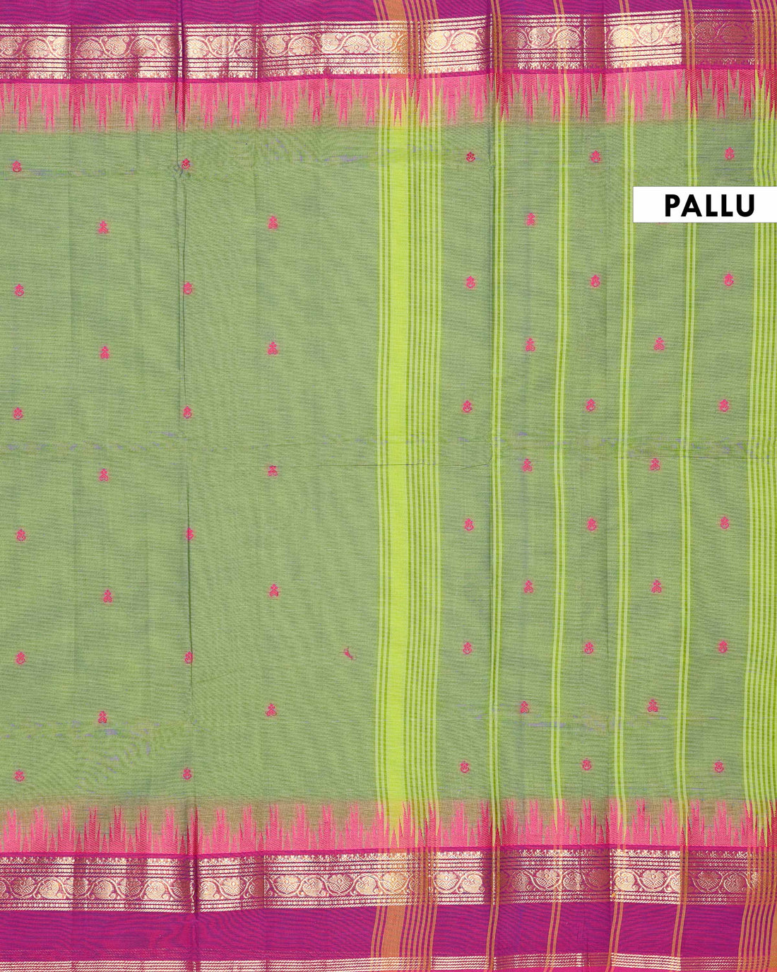 Traditional Handloom Chettinad Cotton Saree with Woven Temple Border and Intricate Contrast Pallu Design - Green