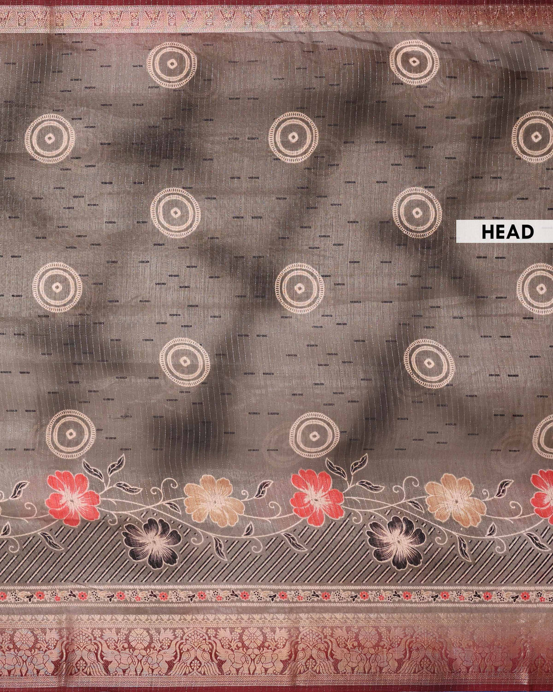 Elegant Dola Saree with Circular Butti Motifs and Traditional Woven Border with Floral Pallu - Dark Grey