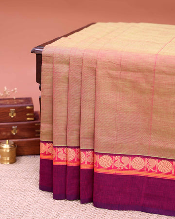 Traditional Venkatagiri Cotton Saree with Plain Body and Intricate Zari Woven Circular & Bird Motif Border - Olive Green