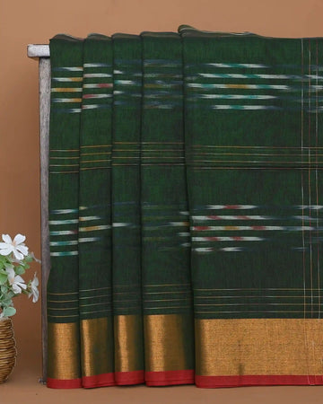 Dark Bottle Green Khadi Cotton Saree with Multicolour Ikat Inspired Stripes and Antique Gold Zari Border