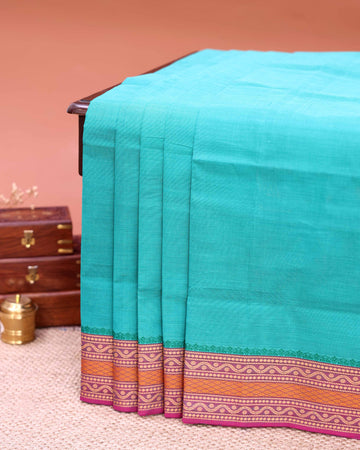 Traditional Venkatagiri Cotton Saree with Smooth Plain Body and Classic Zari Woven Wavy Motif Contrast Border - Turquoise Blue